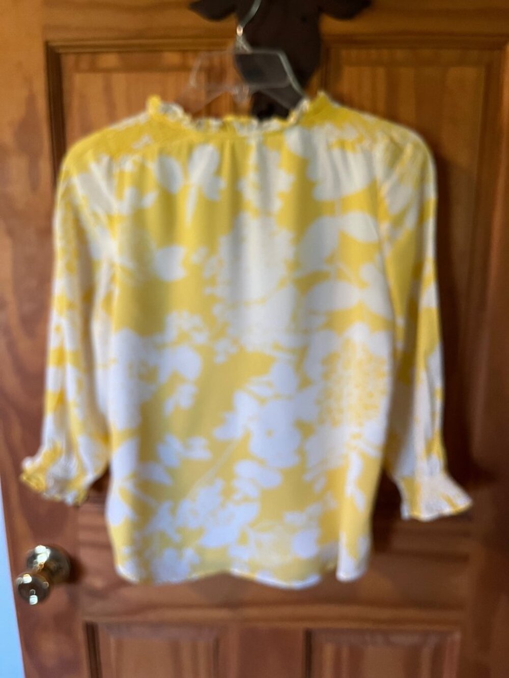 Talbots Petite Yellow Floral Ruffle Split Neck Popover Blouse - SP - Picture 2 of 8